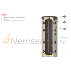   Fűtési keskeny puffer tároló - hőcserélő nélkül hőszigetelt 150 literes tartály melegvíz tárolás céljára. Sunsystem PS 150