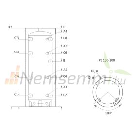  Fűtési keskeny puffer tároló - hőcserélő nélkül hőszigetelt 300 literes tartály melegvíz tárolás céljára. Sunsystem PS 150