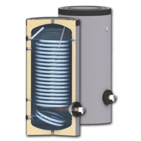   200 literes SunSystem 1 hőcserélős álló, HMV tároló extra nagy hőcserélővel napkollektor vagy hőszivattyú számára. Használati melegvíz tároló, üvegkerámia bevonat