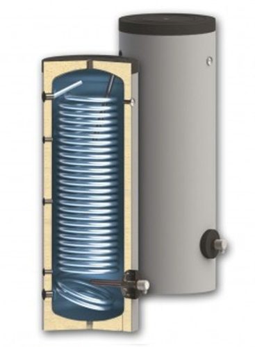 500 liter narrow SunSystem 1 heat exchanger stationary, DHW storage with extra large heat exchanger for solar collector or heat pump. Domestic hot water tank, glass-ceramic coating