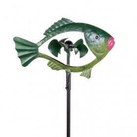   Szélkerék fém szélforgó hal formájú dísz játék földbe szúrható zöld kerti dekoráció