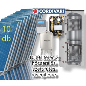   Napkollektor rendszer Cordivari 1000 literes pufferrel fűtés rásegítésre: 10 db sikkollektor + 2 hőcserélős puffertároló + szivattyú állomás + vezérlés + tágulási tartály