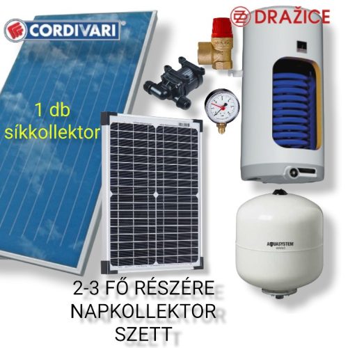 Solar + premium Cordivari flat collector solar collector system with 100 liter heat exchanger boiler, 12V pump, 20W solar panel, expansion tank, safety valve