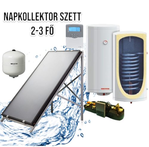 DHW flat collector set for 2-3 people: 1 flat collector + 120 liter Sunsystem heat exchanger boiler + pump station + control + expansion tank