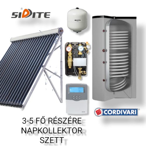 Solar collector system for 3-5 people: 20 vacuum tube solar collectors + 200-liter Cordivari stationary boiler with 2 heat exchangers + pump station + control + expansion tank