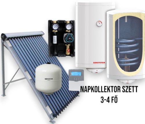 Vacuum tube solar collector set for 3-4 people DHW production: 15 tube solar collector + 150 liter Sunsystem heat exchanger boiler + pump station + control + expansion tank