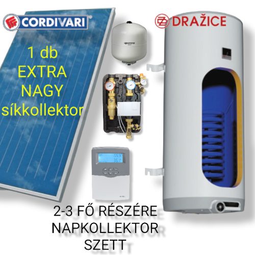 Flat collector set for 3-4 people: 1 pc 2.5 nm Cordivari large flat collector + 160 liter 1 heat exchanger boiler + pump station + control + expansion tank 