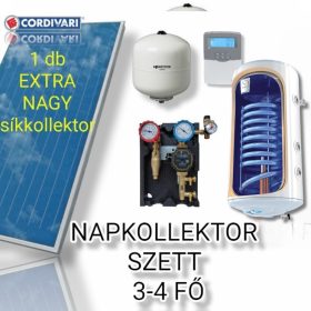   3-4 fő részére síkkollektoros szett: 1 db 2,5 nm Cordivari nagy síkkollektor + 160 literes 1 hőcserélős bojler + PWM-es szivattyú állomás + vezérlés + tágulási tartály 