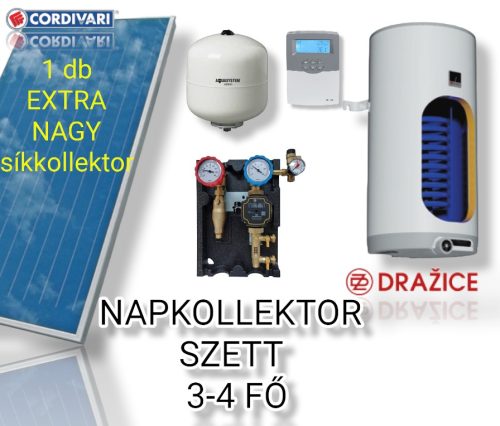 3-4 fő részére síkkollektoros szett: 1 db 2,5 nm Cordivari nagy síkkollektor + 160 literes HMV