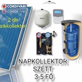   3-5 fő részére Cordivari napkollektor rendszer: 2 db síkkollektor + 200 literes 2 hőcserélős álló bojler + ECO szivattyú állomás + vezérlés + tágulási tartály