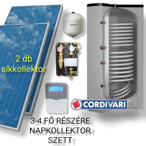Cordivari solar collector system for 3-5 people: 2 flat collectors + 200-liter stationary boiler with 2 heat exchangers + pump station + control + expansion tank