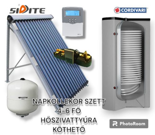 For 4-6 people, a solar collector system can be connected to a heat pump: 30-tube solar collector + 300 liter 1 XL standing boiler with heat exchanger + pump station + control + expansion tank