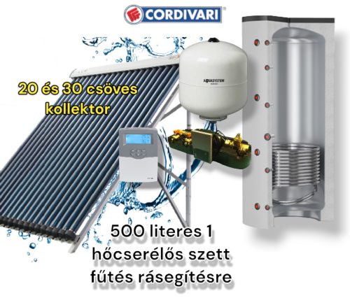 Napkollektor rendszer Cordivari 500 literes 1 hőcserélős puffer fűtés rásegítésre