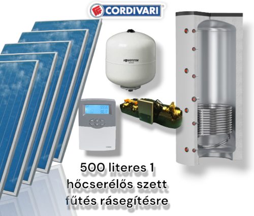 Napkollektor rendszer Cordivari 500 literes 1 hőcserélős puffer fűtés rásegítésre