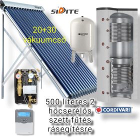   Napkollektor rendszer Cordivari 500 literes puffer fűtés rásegítésre: 1-1 db 20 és 30 csöves kollektor + 2 hőcserélős puffertároló + nagyteljesítményű szivattyú állomás + vezérlés + tágulási tartály