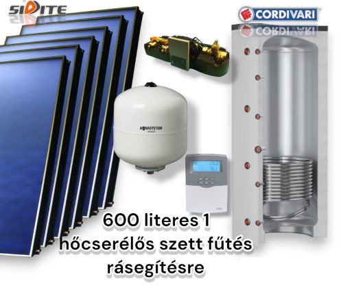 Napkollektor rendszer Cordivari 600 literes 1 hőcserélős puffer fűtés rásegítésre: 6 síkkollektor