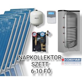   6-10 fő részére Cordivari napkollektor rendszer: 5 db prémium sikkollektor, 500 literes 2 hőcserélős álló bojler, ECO szivattyú állomás, vezérlés, tágulási tartály