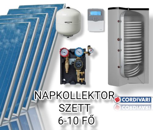 6-10 fő részére Cordivari napkollektor rendszer: 5 db prémium sikkollektor, 500 literes 2 hőcserélős álló bojler, ECO szivattyú állomás, vezérlés, tágulási tartály