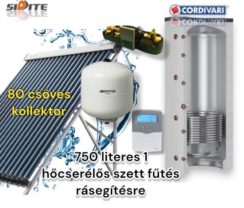 Napkollektor rendszer Cordivari 750 literes 1 hőcserélős puffer fűtés rásegítésre: 80 vákuumcsöves