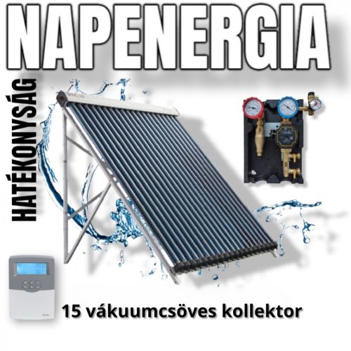 15 vákuumcsöves Big-Pipe napkollektor rendszer SR208C vezérléssel és szivattyú állomás keringető szivattyúval