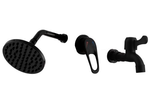 Matt fekete szolár zuhany alkatrész készlet – 15×15 cm ABS zuhanyfej karral, keverőkar és lábmosó csap