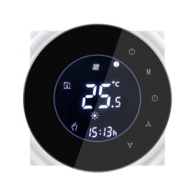   Okos termosztát elektromos fűtéshez távolról irányítható, időzíthető kerek fekete okos termosztát
