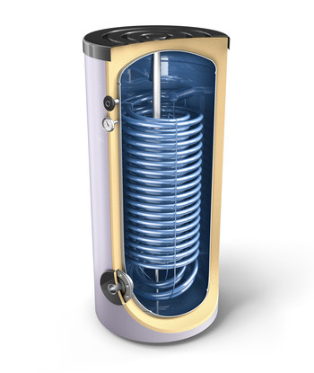 200 liter SunSystem 1 standing DHW storage tank with heat exchanger with extra large heat exchanger for solar collector or heat pump. Domestic hot water tank, glass-ceramic coating