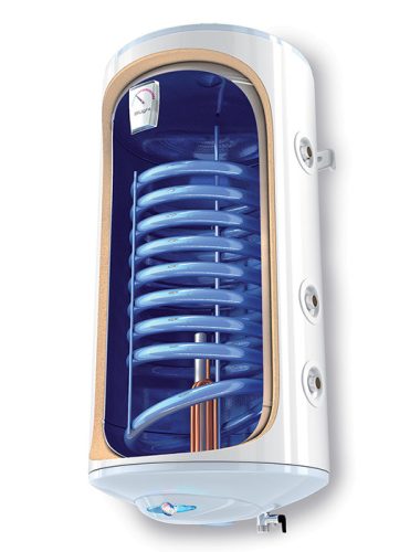 SunSystem 120l MB type indirect WALL storage, RARE 2 HEAT EXCHANGER design, 2 pipe snakes left + 3 kW heating insert. DHW storage, boiler next to solar collector