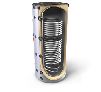 Buffer tank - 300 liter tank with 2 heat exchangers, CAN ALSO BE PLACED IN A CORNER, for hot water storage.