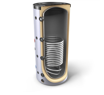 Heating narrow buffer tank - 1 thermally insulated 300 liter tank with a heat exchanger for hot water storage. Sunsystem PS1 300