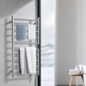   Elektromos törölközőszárító radiátor 10 rudas ezüst színű falra szerelhető törölközőmelegítő LED kijelzővel időzítővel 50-70°C