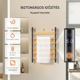   Elektromos törölközőszárító radiátor 6 rudas, falra szerelhető, fekete – LED kijelzővel és időzítővel