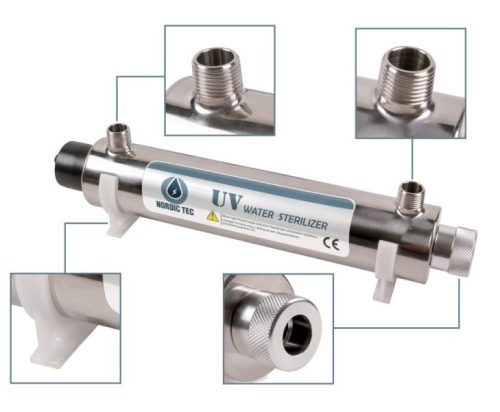UV sterilizer, with built-in PHILIPS UV disinfection lamp, in a stainless steel housing. It is suitable for disinfecting 33,600 l of water per day.